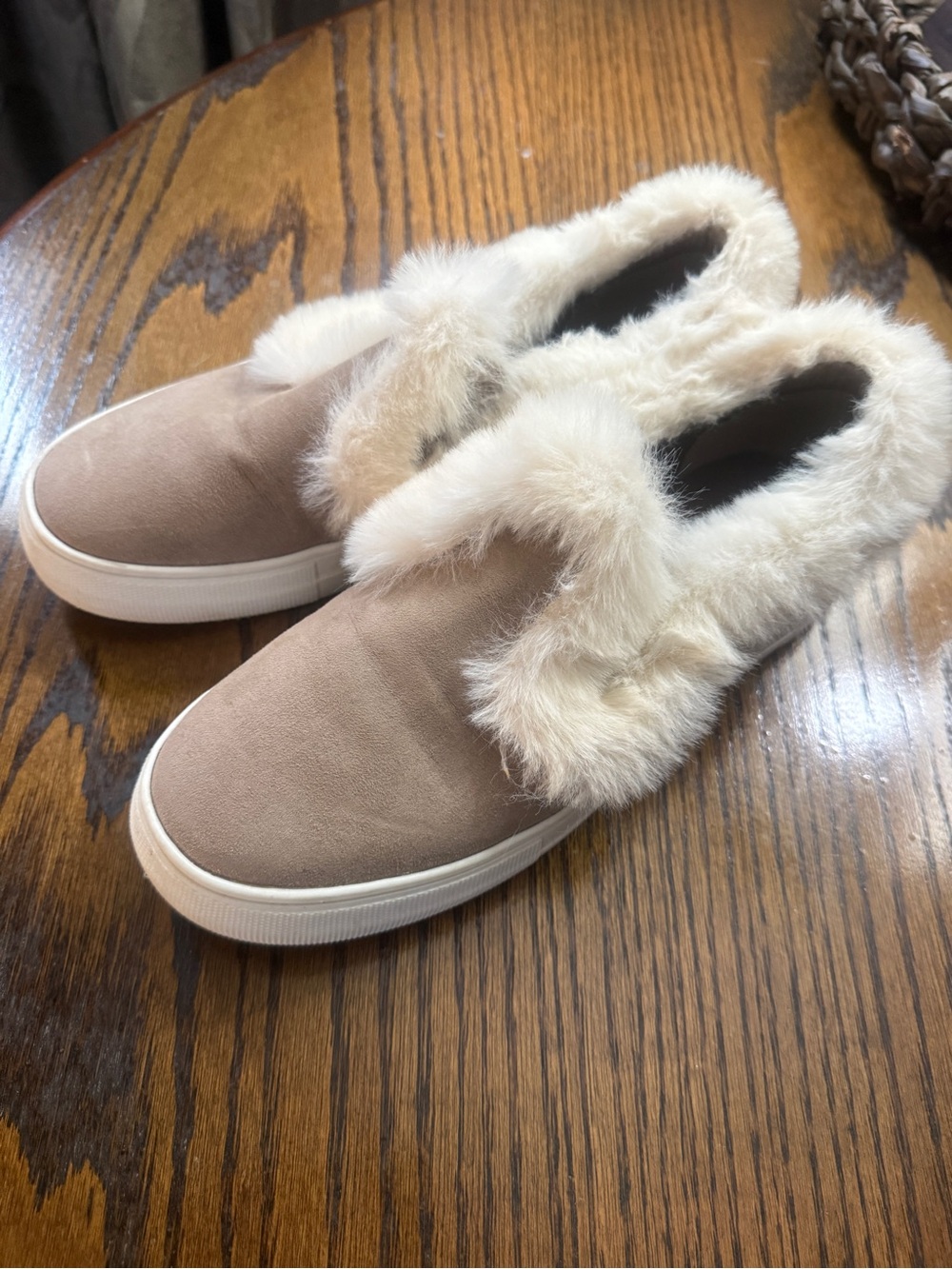 JustFab Taupe Slip-On Sneakers with Cream Faux Fur Trim